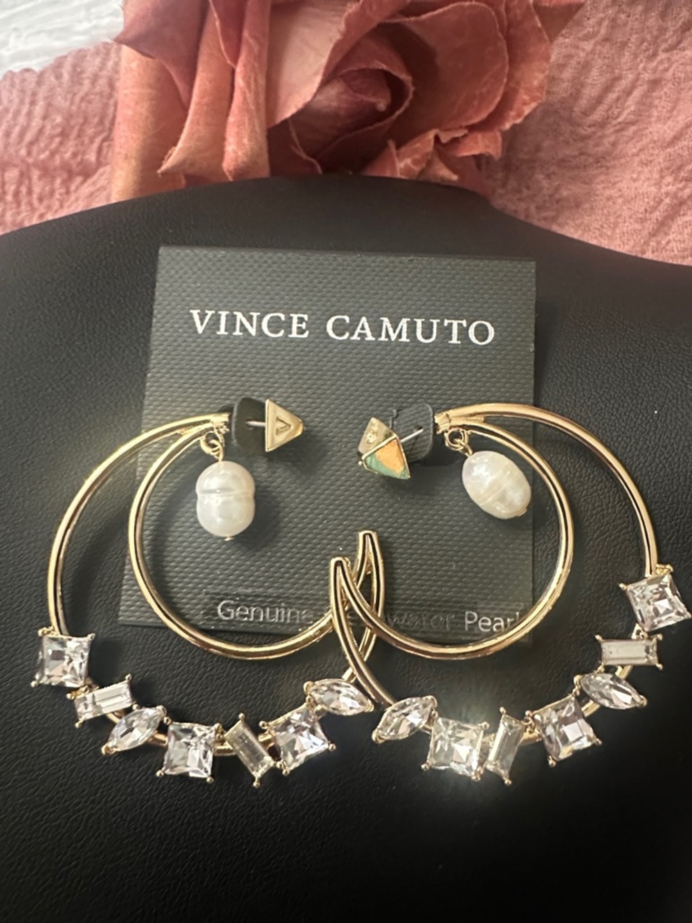Vince Camuto Gold Hoop Earrings with White Pearls and Clear Crystals